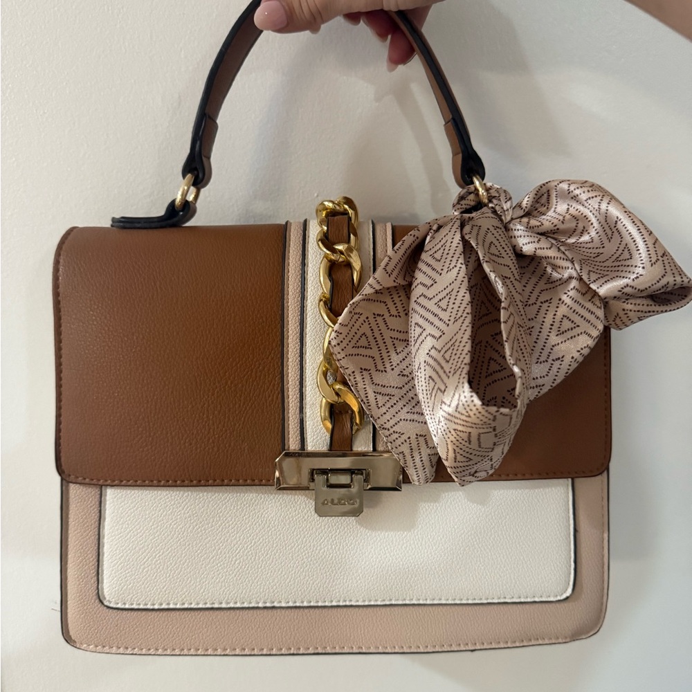 Aldo Brown and Cream Satchel with Scarf Accent